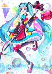  1girl aqua_bow aqua_eyes aqua_hair balloon black_legwear bow cube detached_sleeves hair_ornament hatsune_miku highres holding holding_staff long_hair long_sleeves looking_at_viewer magical_mirai_(vocaloid) megaphone neckwear nicolestar open_mouth red_bow skirt smile solo staff standing standing_on_one_leg thighhighs twintails very_long_hair vocaloid yellow_bow 