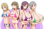  2girls 4girls areola_slip areolae armpits arms_up bb bikini blonde_hair blue_eyes blush breast_envy breasts cleavage erect_nipples gigantic_breasts green_eyes green_hair grey_hair huge_breasts jt_dong-agyoku large_breasts lowleg midriff mound_of_venus multiple_girls nipples open_mouth pointy_ears purple_hair red_eyes smile swimsuit 