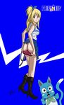  1girl ass blonde_hair fairy_tail happy_(fairy_tail) highres looking_at_viewer lucy_heartfilia skirt smile 