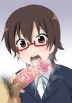  censored fellatio glasses k-on! manabe_nodoka okamura_hijiki open_mouth oral saliva smegma 