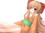  blonde_hair breasts ibuki_suika japanese_clothes kimono nipple_slip nipples no_panties pussy red_eyes small_breasts solo touhou uncensored yoye_(pastel_white) 