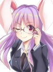  1girl ;) adjusting_eyewear animal_ears bangs bespectacled black_jacket blazer blush breasts bunny_ears collarbone commentary cropped_torso eyebrows_visible_through_hair glasses glasses_day hand_up highres jacket kue large_breasts lips long_hair long_sleeves looking_at_viewer one_eye_closed pink_lips purple_hair red-framed_eyewear red_eyes reisen_udongein_inaba shirt simple_background sketch smile solo touhou upper_body white_background white_shirt wing_collar work_in_progress 