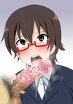  1boy 1girl blush brown_eyes brown_hair censored fellatio glasses k-on! licking looking_up manabe_nodoka okamura_hijiki open_mouth oral saliva short_hair smegma 