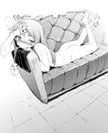  ass barefoot blush couch feet greyscale hyocorou kousaka_kirino legs long_hair monochrome nude ore_no_imouto_ga_konna_ni_kawaii_wake_ga_nai solo sweat translated 