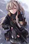  1girl armband bangs black_jacket black_legwear brown_eyes brown_hair cowboy_shot crossed_bangs facing_viewer fingerless_gloves girls_frontline gloves gun h&amp;k_ump45 holding holding_gun holding_weapon hood hood_down hooded_jacket jacket long_hair one_side_up open_clothes open_jacket outdoors pantyhose scar scar_across_eye shirt smoke smoking_gun solo submachine_gun tsuki_tokage ump45_(girls_frontline) weapon white_shirt wind 