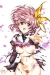  absurdres breasts brown_eyes copyright_request fingernails hair_ribbon hands highres large_breasts navel open_mouth outstretched_arm outstretched_hand pink_hair pubic_hair reaching ribbon school_uniform serafuku solo tearing_clothes tears torn_clothes urushihara_satoshi 
