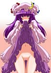  blue_eyes blush cleft_of_venus crescent dress dress_in_mouth dress_lift frills hat long_hair looking_at_viewer mouth_hold no_panties nose_blush patchouli_knowledge purple_eyes purple_hair pussy ribbon shouji_nigou solo tears thigh_gap touhou uncensored 