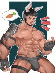  1boy abs animal_ears armor bara beard beckoning briefs bulge carrot character_request check_copyright come_hither copyright_request cowboy_shot dark-skinned_male dark_skin facial_hair fingerless_gloves gloves grey_male_underwear hydaus large_pectorals leg_strap looking_at_viewer male_focus male_underwear mature_male muscular muscular_male navel nipples original pauldrons pectorals rabbit_boy rabbit_ears short_hair shoulder_armor single_pauldron solo stomach thick_thighs thighs topless_male underwear 