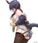  1girl arknights artist_name ass bare_shoulders bdsm black_hair black_jacket black_panties blue_shorts bondage bound bound_arms breasts brown_legwear ch&#039;en_(arknights) clouble dated dragon_girl dragon_horns dragon_tail garter_straps gradient gradient_background grey_background highres horns jacket long_hair long_sleeves low_twintails medium_breasts necktie o-ring open_clothes open_jacket panties panty_peek shirt short_shorts shorts solo tail thighhighs twintails underwear white_shirt yellow_necktie 