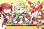  bangs banjo-kazooie banjo_(banjo-kazooie) bare_shoulders black_gloves blonde_hair breasts chest_jewel chibi cleavage cleavage_cutout clothing_cutout crossover dress earrings elbow_gloves fingerless_gloves gloves highres jewelry katanagi1129 kazooie_(banjo-kazooie) large_breasts long_hair mythra_(xenoblade) pyra_(xenoblade) red_eyes red_hair red_shorts short_dress short_hair short_shorts shorts super_smash_bros. swept_bangs tiara very_long_hair white_dress white_gloves xenoblade_chronicles_(series) xenoblade_chronicles_2 yellow_eyes 