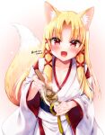  1girl :d animal_ear_fluff animal_ears aoshima_kanae bangs blonde_hair blush breasts cleavage commentary_request eyebrows_visible_through_hair fangs fingernails food fox_ears fox_girl fox_tail gradient gradient_background hair_ribbon highres holding holding_spoon japanese_clothes kimono long_fingernails long_sleeves looking_at_viewer medium_breasts obi original parted_bangs pink_background red_eyes red_ribbon ribbon sash sharp_fingernails sidelocks smile solo spoon steam tail twitter_username white_background white_kimono wide_sleeves wooden_spoon 
