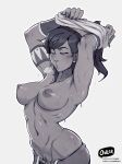  1girl ;o armband armpits arms_up avatar_(series) breasts collarbone dark-skinned_female dark_nipples dark_skin dripping groin hair_tubes half-closed_eye high_ponytail korra large_breasts lips long_hair navel nipples no_bra one_eye_closed owler ribs sidelocks simple_background solo stomach sweat the_legend_of_korra undressing upper_body white_background wristband 