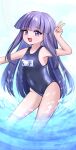  1girl bangs black_swimsuit blunt_bangs breasts covered_navel feet_out_of_frame furude_rika higurashi_no_naku_koro_ni hime_cut long_hair looking_at_viewer name_tag purple_eyes purple_hair rryiup school_swimsuit shiny shiny_clothes small_breasts smile solo swimsuit v 