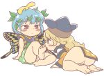  2girls anonymous_(japanese) antennae aqua_hair barefoot black_headwear blonde_hair blush blush_stickers brown_eyes butterfly_wings closed_mouth dress eternity_larva fairy green_dress gyate_gyate hat jaggy_lines leaf leaf_on_head licking licking_foot long_hair matara_okina multicolored_clothes multicolored_dress multiple_girls orange_sleeves pussy short_hair short_sleeves single_strap tabard touhou transparent_background wide_sleeves wings yellow_eyes 