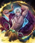  1boy 617247500 abs alternate_hair_color bracelet cape_removed dio_brando earrings fire headband heart jewelry jojo_no_kimyou_na_bouken male_focus muscular muscular_male pants pectorals pose realistic solo stardust_crusaders topless_male white_hair yellow_eyes yellow_pants 