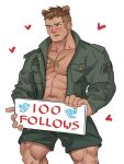  1boy abs animal_ears bara bear_boy bear_ears blush body_fur brown_hair chest_hair covering covering_crotch dark-skinned_male dark_skin embarrassed feet_out_of_frame heart holding holding_sign hydaus jacket large_pectorals male_focus milestone_celebration muscular muscular_male navel nipples oishi_(psycho-pass) open_clothes open_jacket pectoral_cleavage pectorals psycho-pass short_hair sideburns sign solo stomach 