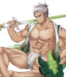  1boy abs bara bare_arms bare_legs bare_pectorals bulge chest_hair closed_mouth collarbone facial_hair feet_out_of_frame fundoshi grey_hair highres holding holding_weapon japanese_clothes knees_apart_feet_together kurazon_(climb_zombie) leg_hair male_focus male_underwear muscular navel_hair nipples over_shoulder pectorals personification pokemon shield sideburns simple_background sirfetch&#039;d sitting smile solo spread_legs spring_onion stubble thick_eyebrows underwear veins weapon weapon_over_shoulder white_background white_male_underwear 