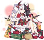  1girl ahoge ark_order bangs bat bell belt black_hair blush boots bow breasts candy candy_cane capelet christmas cleavage dress food frilled_dress frills fur-trimmed_boots fur-trimmed_gloves fur_trim gift gift_bag gloves green_bow hair_bow hela_(ark_order) holding holding_candy holding_candy_cane holding_food holly horns ikataruto looking_at_viewer medium_breasts multicolored_hair official_art one_eye_closed parted_lips pom_pom_(clothes) red_bow red_capelet red_dress red_eyes red_footwear red_gloves sidelocks sitting solo sparkle split-color_hair tachi-e two-tone_bow white_hair 