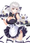  1girl absurdres alternate_costume black_dress cake cake_slice cleavage_cutout clothing_cutout dress enmaided food fork frilled_dress frills garter_straps girls&#039;_frontline highres holding holding_tray maid maid_headdress purple_eyes rpk-16_(girls&#039;_frontline) short_dress short_hair silayloe silver_hair simple_background sleeveless sleeveless_dress smile thighhighs tray white_background white_legwear 