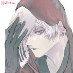  1boy black_gloves collarbone crack cracked_mask face gloves holding holding_mask hood hood_up league_of_legends looking_at_viewer male_focus mask mask_removed parted_lips red_eyes shihpa simple_background solo twitter_username upper_body white_background white_hair zed_(league_of_legends) 