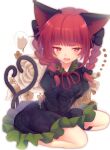  1girl animal_ears balloon black_dress black_ribbon bow bowtie braid cat_ears cat_tail dress fang floral_background floral_print green_dress highres kaenbyou_rin leg_ribbon leg_strap looking_at_viewer multiple_tails open_mouth puffy_sleeves red_bow red_eyes red_hair ribbon seiza simple_background sitting skin_fang solo tail touhou twin_braids two_tails urushiruu white_background 