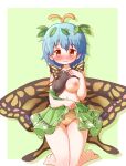  1girl antennae aqua_hair arinu bad_anatomy bad_perspective barefoot black_shirt blush border breasts butterfly_wings closed_mouth clothes_lift eternity_larva eyebrows_visible_through_hair fairy green_skirt hair_between_eyes highres large_breasts leaf leaf_on_head lifted_by_self nipples orange_eyes orange_panties panties polka_dot polka_dot_panties shirt short_hair short_sleeves single_strap skirt skirt_lift solo touhou underwear wavy_mouth white_border wings 