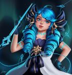  1girl bangs black_bow black_dress blue_eyes blue_hair bow breasts commentary cowboy_shot dress drill_hair gloves gradient gradient_background grey_dress gwen_(league_of_legends) hair_bow hair_ornament hand_up highres holding holding_needle kouq98 league_of_legends long_hair needle oversized_object puffy_short_sleeves puffy_sleeves sewing_needle shiny shiny_hair short_sleeves signature smile solo swept_bangs twin_drills x_hair_ornament 