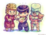  1girl 3boys baby beanie blue_eyes cane chibi crazy_diamond crying diamond_wa_kudakenai dyresbroom glasses hat higashikata_josuke jojo_no_kimyou_na_bouken joseph_joestar joseph_joestar_(old) long_coat multiple_boys onesie peace_symbol polka_dot_headwear pompadour rattle round_eyewear shizuka_joestar stand_(jojo) stuffed_animal stuffed_toy sunglasses sweat sweatdrop teddy_bear 