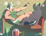  ! 2boys animal_ears bad_id bad_twitter_id bara black_hair blush completely_nude convenient_leg couch cow_ears cow_horns dual_persona facial_hair fake_animal_ears flustered full_body goatee green_hair highres holding holding_microphone horns knees_up male_focus microphone multicolored_hair multiple_boys muscular muscular_male nazono_buru nude on_couch pectorals shoes short_hair sideburns sidepec sitting sneakers sparkle spoken_blush spoken_exclamation_mark spoken_sparkle taurus_mask thighs tokyo_afterschool_summoners two-tone_hair wrestling_mask wrestling_outfit 