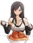  1girl bangs bare_shoulders black_hair bowl breasts brown_eyes cleavage eating elbow_gloves final_fantasy final_fantasy_vii final_fantasy_vii_remake fingerless_gloves food fork gloves hands_up highres holding holding_fork italian_senate_hack large_breasts long_hair looking_at_viewer meatball meme pasta pov_across_table rakeemspoon sauce simple_background sketch solo spaghetti spaghetti_and_meatballs suspenders swept_bangs tank_top tifa_lockhart upper_body white_background white_tank_top 