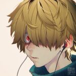  1boy absurdres beige_background blonde_hair dated earbuds earphones hair_over_one_eye highres looking_at_viewer male_focus original parted_lips red_eyes signature simple_background solo upper_body wide-eyed yokaze_(xxxdisxxx) zipper zipper_pull_tab 