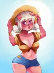  alicezap anthro bottomwear breasts cleavage clothed clothing cutoffs denim denim_clothing digital_media_(artwork) domestic_pig emelie eyebrow_through_hair eyebrows eyelashes female hair hat hat_only headgear headgear_only headwear headwear_only hi_res lips looking_at_viewer mammal mostly_nude navel nipples pigtails pink_body pink_skin portrait purple_eyes red_lips shaded shorts simple_background solo standing straw_hat suid suina sus_(pig) three-quarter_portrait topwear translucent translucent_hair white_hair 