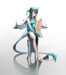  1girl absurdres arknights bare_arms bare_legs bare_shoulders barefoot bingdongluofeiyu black_footwear black_hair blue_dress blue_hair blue_skin blush breasts chinese_commentary closed_mouth colored_skin commentary_request dragon_girl dragon_horns dragon_tail dress dusk_(arknights) dusk_(everything_is_a_miracle)_(arknights) earrings eyebrows_visible_through_hair full_body gradient gradient_background gradient_skin high_heels highres horns jewelry knee_up long_hair looking_down medium_breasts multicolored_hair official_alternate_costume pelvic_curtain pointy_ears red_eyes reflective_floor shoes shoes_removed sitting sleeveless sleeveless_dress solo stool sweatdrop tail tail_ornament tail_ring two-tone_hair v-shaped_eyebrows very_long_hair white_background 