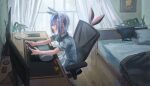  1girl bed bedroom blue_hair cake cake_slice carrot_hair_ornament cellphone chair choker commentary_request earphones food food-themed_hair_ornament gaming_chair hair_ornament hair_ribbon highres holding hololive indoors monitor multiple_monitors phone pillow plate ribbon shirt short_hair sitting skirt smartphone solo usada_pekora virtual_youtuber white_choker white_shirt white_skirt yukario 