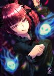  1girl :q animal_ears bangs black_bow black_bowtie blue_fire blunt_bangs blurry bokeh bow bowtie braid cat_ears dark_background depth_of_field dress dutch_angle extra_ears eyebrows_behind_hair fire flaming_skull floating_skull ghost green_dress hands_up highres hitodama kaenbyou_rin licking_lips long_hair mononobe_kanako nail_polish paw_pose red_eyes red_hair red_nails skull slit_pupils solo sparkle_background subterranean_animism tongue tongue_out touhou twin_braids twintails upper_body 