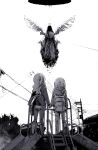  2girls backpack bag faceless greyscale halo holding_hands hood hoodie horror_(theme) long_hair long_sleeves miniskirt monochrome multiple_girls original robe school_bag short_hair shoulder_bag skirt slide socks tokomichi wings 