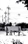  animal bench blood bug crowbar facing_away greyscale horror_(theme) long_hair monochrome murder original oversized_animal power_lines shoes skirt socks spider tokomichi utility_pole 