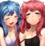  2girls :d ^_^ bangs blue_hair breasts cleavage closed_eyes closed_mouth collarbone eyebrows_visible_through_hair kotonoha_akane kotonoha_aoi kurione_(zassou) long_hair messy_hair multiple_girls open_mouth pink_eyes pink_hair siblings simple_background sisters small_breasts smile strap_slip upper_body voiceroid white_background 