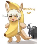  1boy 1girl 1other :3 androgynous animal_ears banana banana_costume bondrewd commentary eyebrows_visible_through_hair fang food fruit furry highres looking_at_another looking_at_viewer made_in_abyss nanachi_(made_in_abyss) nyxkz open_mouth ozen partially_translated short_hair smile translation_request white_hair yellow_eyes 