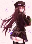 1girl ander_(at2.) ass black_legwear black_skirt blush borrowed_character brown_hair destinyplayer1 embarrassed enderman eyebrows_visible_through_hair from_behind garter_straps highres long_hair long_sleeves looking_at_viewer minecraft open_mouth personification pleated_skirt purple_eyes skirt solo thighhighs 