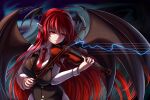  1girl abstract_background antenna_hair bat_wings black_vest bow_(music) breasts buttons closed_mouth gold_trim hair_between_eyes head_wings instrument koakuma large_breasts long_hair long_sleeves looking_to_the_side music namiki_(remiter00) necktie playing_instrument red_eyes red_hair red_necktie simple_background solo touhou very_long_hair vest violin wing_collar wings 