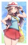  1girl armpits bag black_wristband blue_shirt border brown_eyes brown_hair bucket_hat closed_mouth commentary hair_flaps hand_on_hip hand_up hat highres leaf_(pokemon) long_hair looking_at_viewer messenger_bag pleated_skirt pokemon pokemon_(game) pokemon_frlg red_skirt shirt shoulder_bag skirt sleeveless sleeveless_shirt smile solo vs_seeker white_border white_headwear wristband yasu_suupatenin yellow_bag 