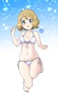  1girl absurdres bangs bare_arms barefoot bikini blonde_hair blue_eyes blush cameltoe commentary_request eyebrows_visible_through_hair full_body hand_up highres looking_at_viewer navel open_mouth pokemon pokemon_(anime) pokemon_xy_(anime) serena_(pokemon) short_hair side-tie_bikini smile solo swimsuit tax2rin toes tongue white_bikini 