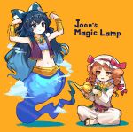  2girls english_text genie gold highres howhow_notei multiple_girls oil_lamp orange_background simple_background touhou yorigami_jo&#039;on yorigami_shion 
