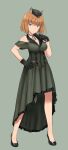  1girl 502nd_joint_fighter_wing_(emblem) alternate_costume black_gloves blue_eyes brave_witches breasts brown_hair dress formal full_body gloves green_dress gundula_rall hat high_heels large_breasts looking_at_viewer microphone shimada_fumikane short_hair simple_background smile solo world_witches_series 