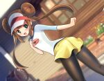  1girl :d blue_eyes blurry blurry_background blush bow brown_hair brown_legwear building clenched_hand commentary_request day double_bun floating_hair hand_up legwear_under_shorts long_hair looking_back moon_setuna open_mouth outdoors pantyhose pink_bow pokemon pokemon_(game) pokemon_bw2 raglan_sleeves rosa_(pokemon) shiny shiny_clothes short_shorts shorts smile solo tongue twintails visor_cap yellow_shorts 