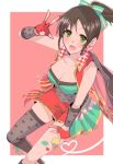  asymmetrical_legwear black_hair bodypaint boots bow breasts checkered_clothes cleavage earrings fingerless_gloves food gloves green_bow green_eyes hair_bow hand_on_thigh harada_miyo heart heart_earrings heart_print ice_cream ice_cream_cone idolmaster idolmaster_cinderella_girls idolmaster_poplinks jacket jacket_on_shoulders jewelry medium_breasts ponytail race_queen red_gloves ryosesanzui see-through smile thighhighs v vest zettai_ryouiki 