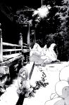  2girls blood_trail bridge extra_arms greyscale horror_(theme) long_hair miniskirt monochrome multiple_girls night original shoes skirt socks sweat tokomichi wing_collar 