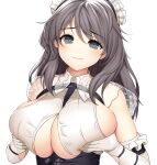  1girl asamura_hiori azur_lane bangs bare_shoulders blush breast_hold breasts brown_hair charybdis_(azur_lane) cleavage grey_eyes highres huge_breasts large_breasts long_hair looking_at_viewer maid_headdress sideboob smile solo 