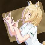  1girl animal_ears blonde_hair blush breasts brown_background brown_eyes commentary_request eyebrows_visible_through_hair finger_touching fox_ears fox_girl fox_shadow_puppet fox_tail green_ribbon highres kudamaki_tsukasa mandarin_collar open_mouth puffy_short_sleeves puffy_sleeves ribbon romper short_hair short_sleeves simple_background small_breasts tail tantalum tongue tongue_out touhou two-tone_background upper_body white_romper 